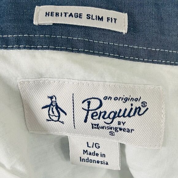 Original Penguin Large Heritage Slim Fit Shirt Short Sleeve Striped Blue Orange - Picture 3 of 4